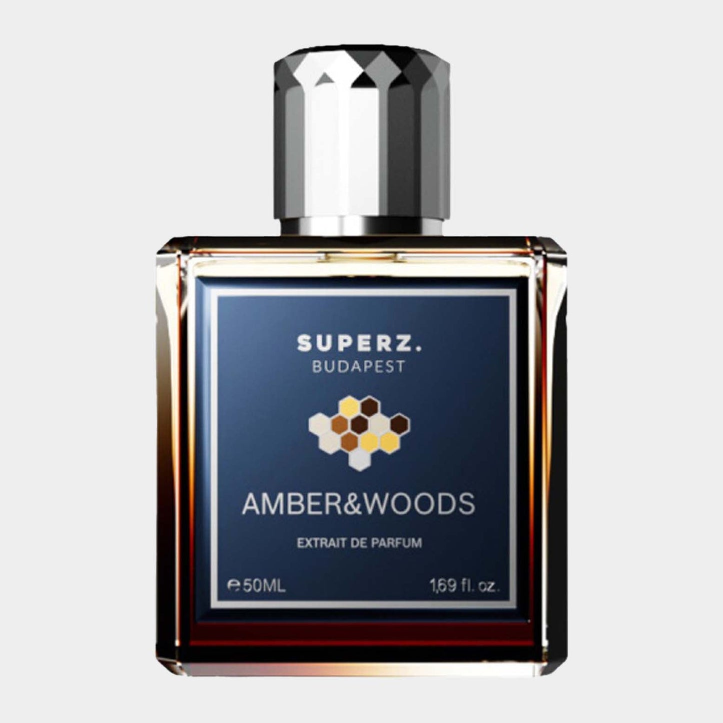 A 50ml glass bottle of Superz Amber & Woods fragrance, featuring a sleek design with a black cap and a blue label that details the scent as an extrait de parfum. The bottle is elegantly presented against a neutral background.