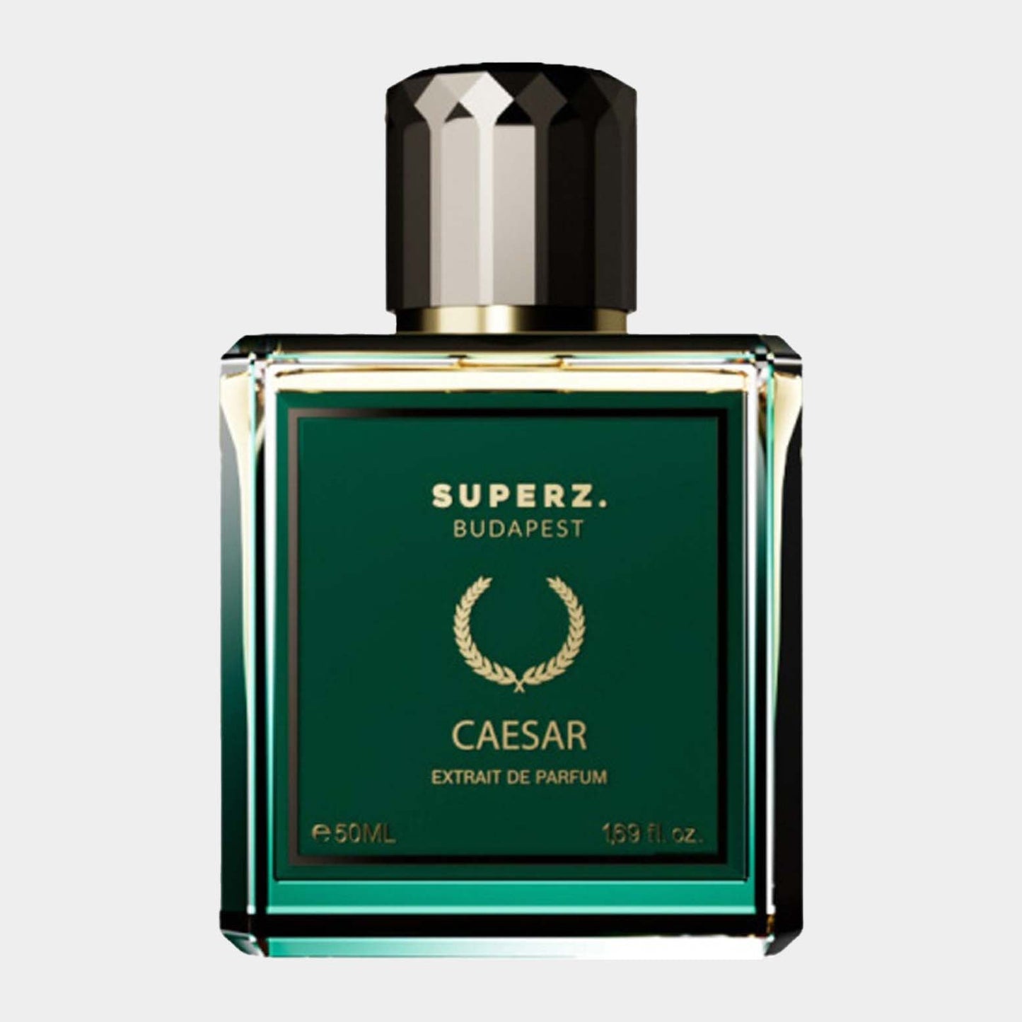 Superz Caesar full bottle, featuring an elegant green glass design with a black cap, labeled 'CAESAR EXTRAI DE PARFUM' and a volume of 50ml.