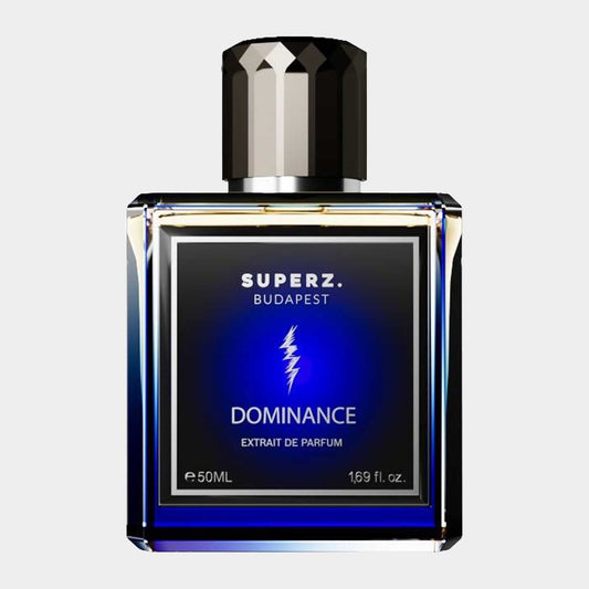 A full bottle of Superz Dominance, an extrait de parfum, featuring a sleek rectangular design with a dark blue label and a black cap. The bottle contains 50 mL of fragrance.