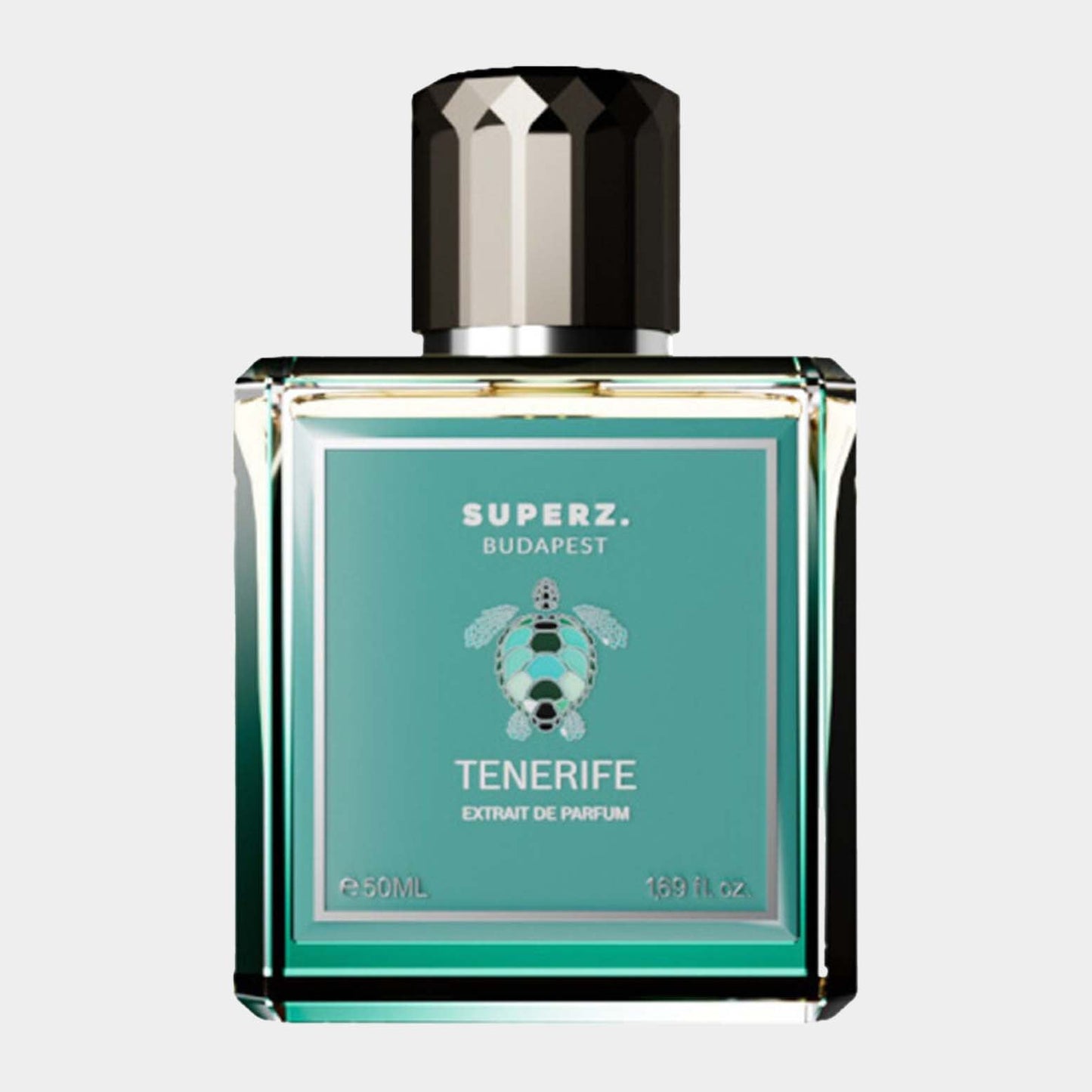 A 50ml bottle of Superz Tenerife, featuring a turquoise label with a turtle motif and a sleek black cap, designed for an elegant fragrance experience. The bottle is square-shaped with a glass finish, highlighting its luxury appeal.