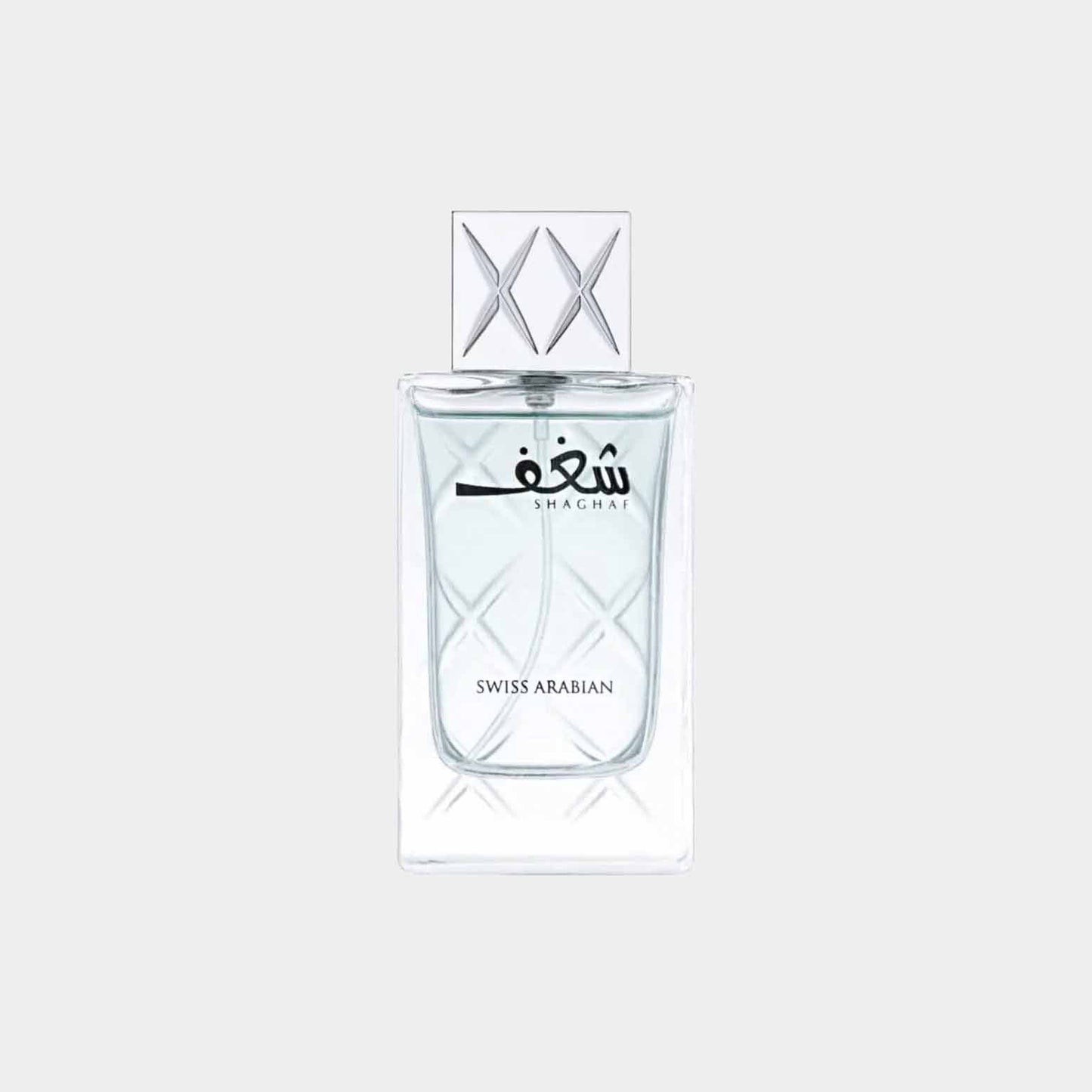 A bottle of Swiss Arabian Shaghaf Men Sample, featuring a sleek design with a silver cap and an elegant label showcasing the fragrance's name. The clear glass allows the fragrance within to be visible.