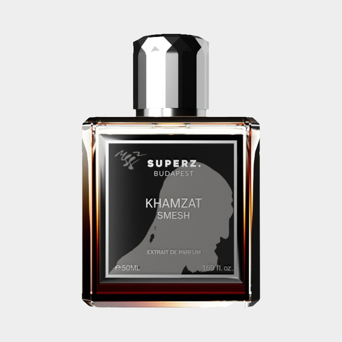 A 50ml bottle of Superz Khamzat - Smesh, featuring an elegant black and silver design with a profile silhouette on the front.