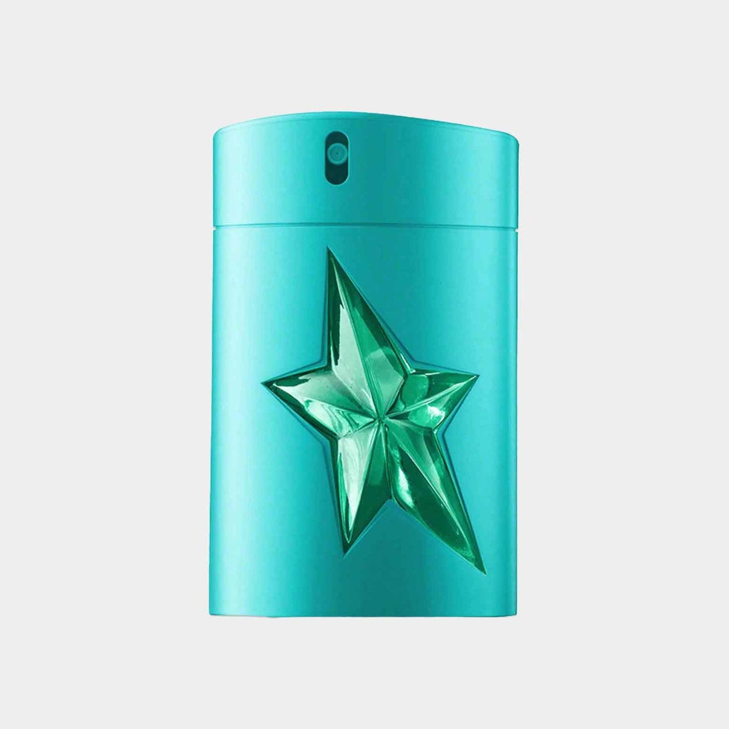 A turquoise fragrance bottle of Thierry Mugler A*Men Kryptomint, featuring a striking green star design on the front, showcasing its unique and bold aesthetic.