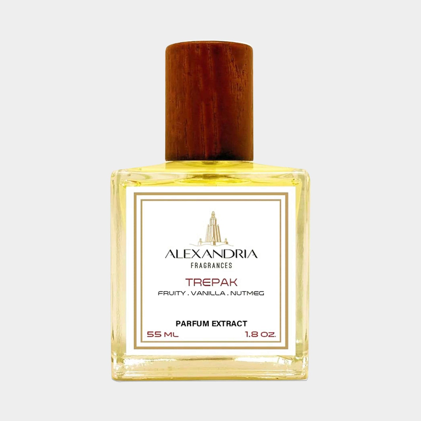 Alexandria Fragrances Trepak Sample featuring a 55 ml glass bottle with a wooden cap, showcasing a golden liquid inside, described as a parfum extract with fruity, vanilla, and nutmeg notes.