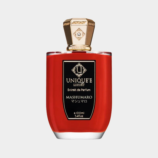 A full bottle of Unique'e Luxury Mashumaro perfume, featuring a vibrant red design and a stylish gold cap, presented elegantly. The bottle holds 100ml of the exquisite fragrance.
