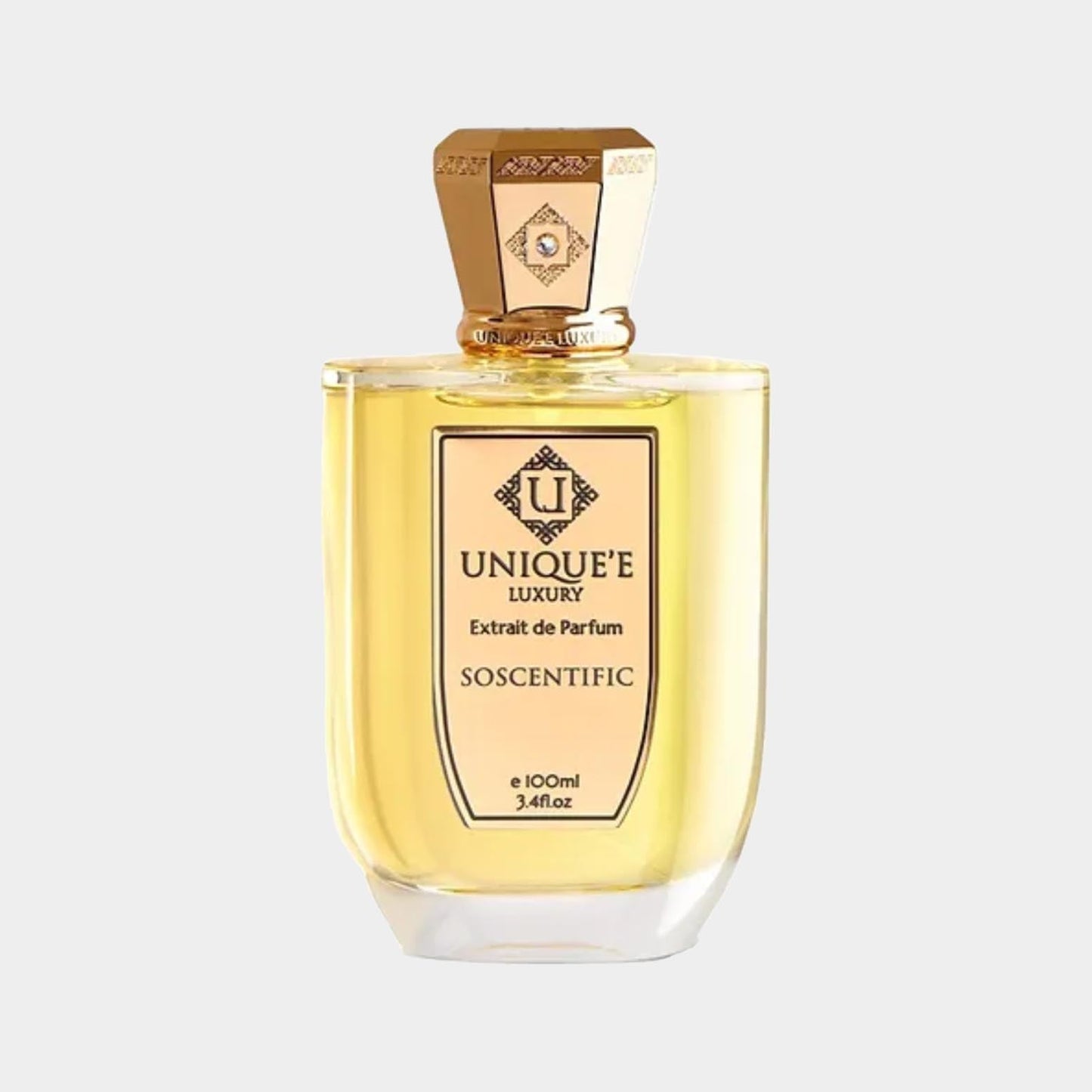 A full bottle of Unique'e Luxury SoScentific fragrance, featuring an elegant design with a gold cap, containing 100ml of a golden liquid. The label prominently displays the brand and product name.