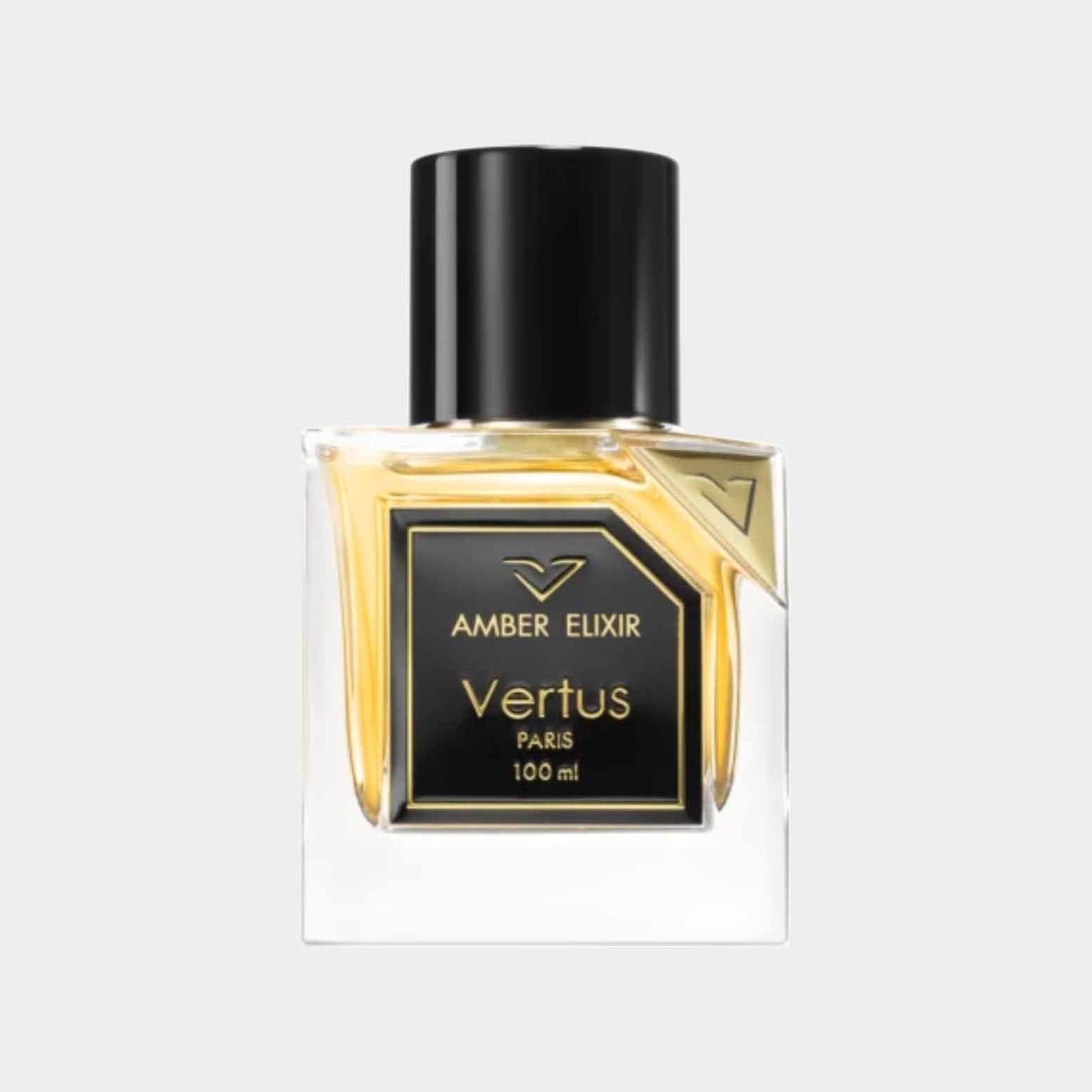 A full 100ml bottle of Vertus Amber Elixir, featuring a sleek glass design with a black cap and a gold label displaying the brand name and fragrance title.
