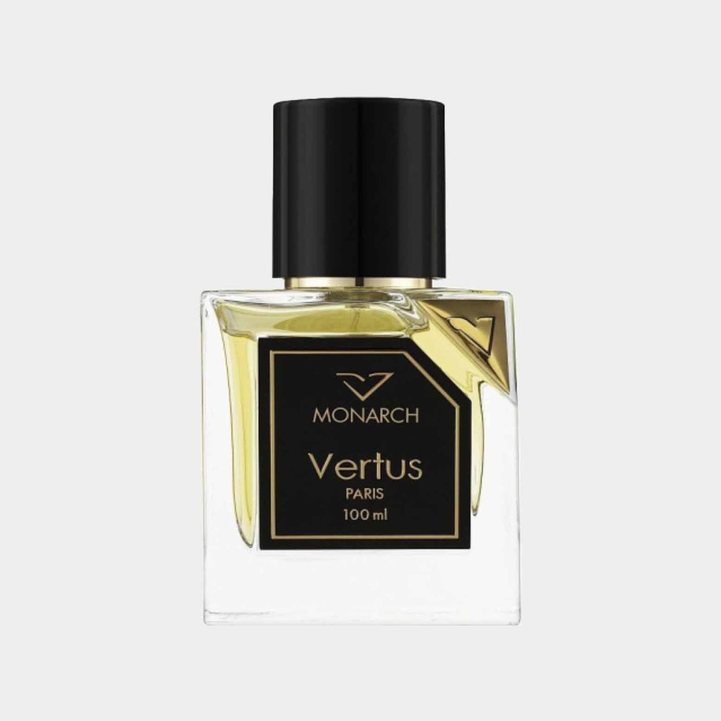 A clear glass bottle of Vertus Monarch Sample perfume, featuring a sleek black cap and a stylish label, containing 100 ml of the fragrance.
