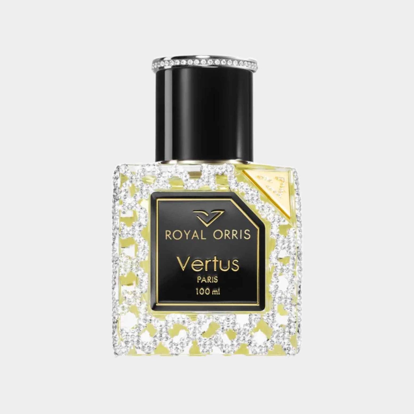 A luxurious sample bottle of Vertus Royal Orris perfume, featuring a sparkling decorative design and a sleek black cap, containing 100 ml of fragrance.