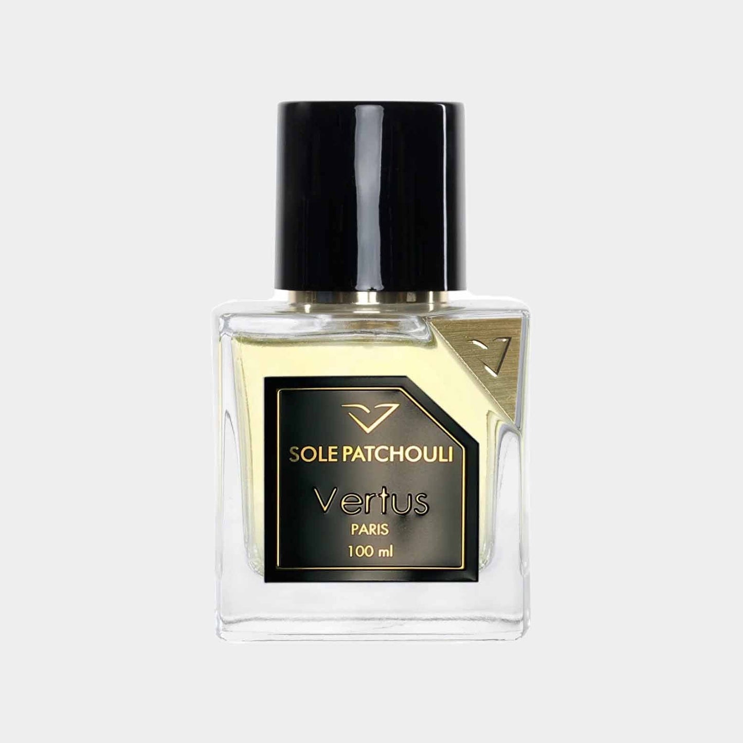 A full bottle of Vertus Sole Patchouli fragrance, featuring a sleek glass design with a black cap and a stylish label, containing 100 ml of the elegant scent.