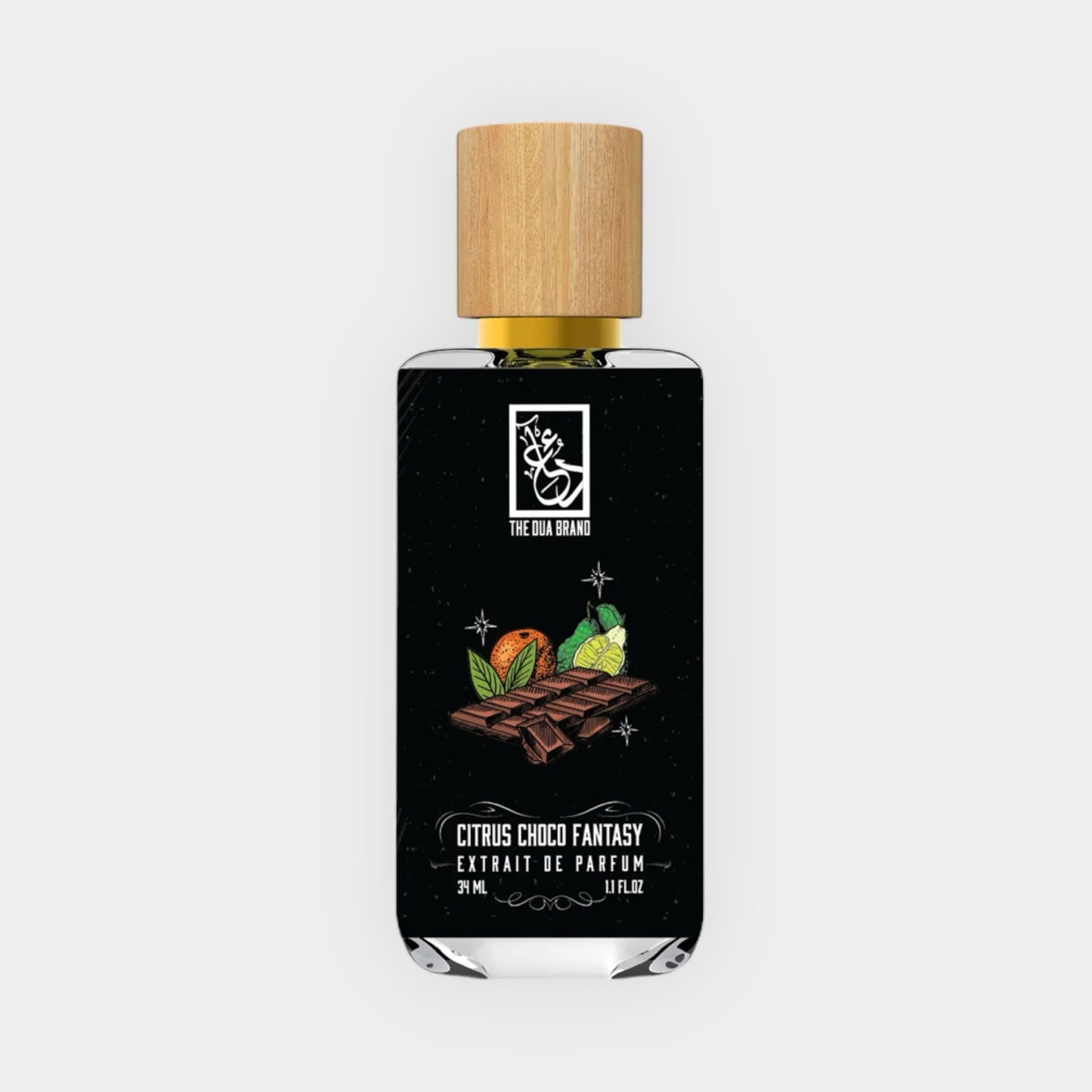 A sleek bottle of Dua Citrus Choco Fantasy Sample, featuring a black label adorned with citrus fruit and chocolate illustrations, topped with a wooden cap. The bottle contains a fragrant extrait de parfum.