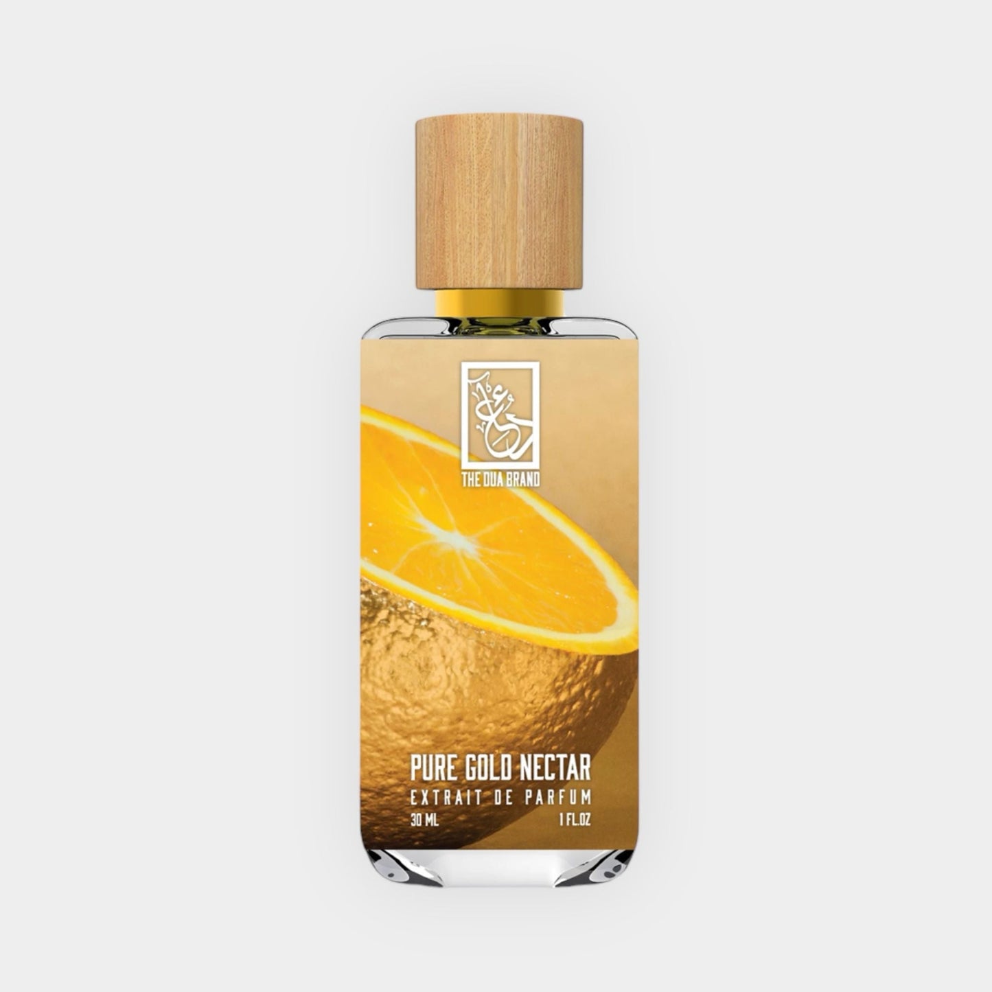 A sleek bottle of Dua Pure Gold Nectar Sample, featuring a vibrant gold and orange design with a wooden cap, containing 30 ml of perfume.