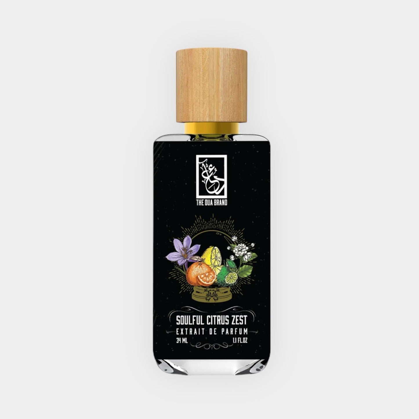 A sleek bottle of 'Dua Soulful Citrus Zest Sample' perfume featuring a black label adorned with vibrant illustrations of citrus fruits and flowers, topped with a wooden cap. The bottle contains 37 ml of fragrant extrait de parfum.