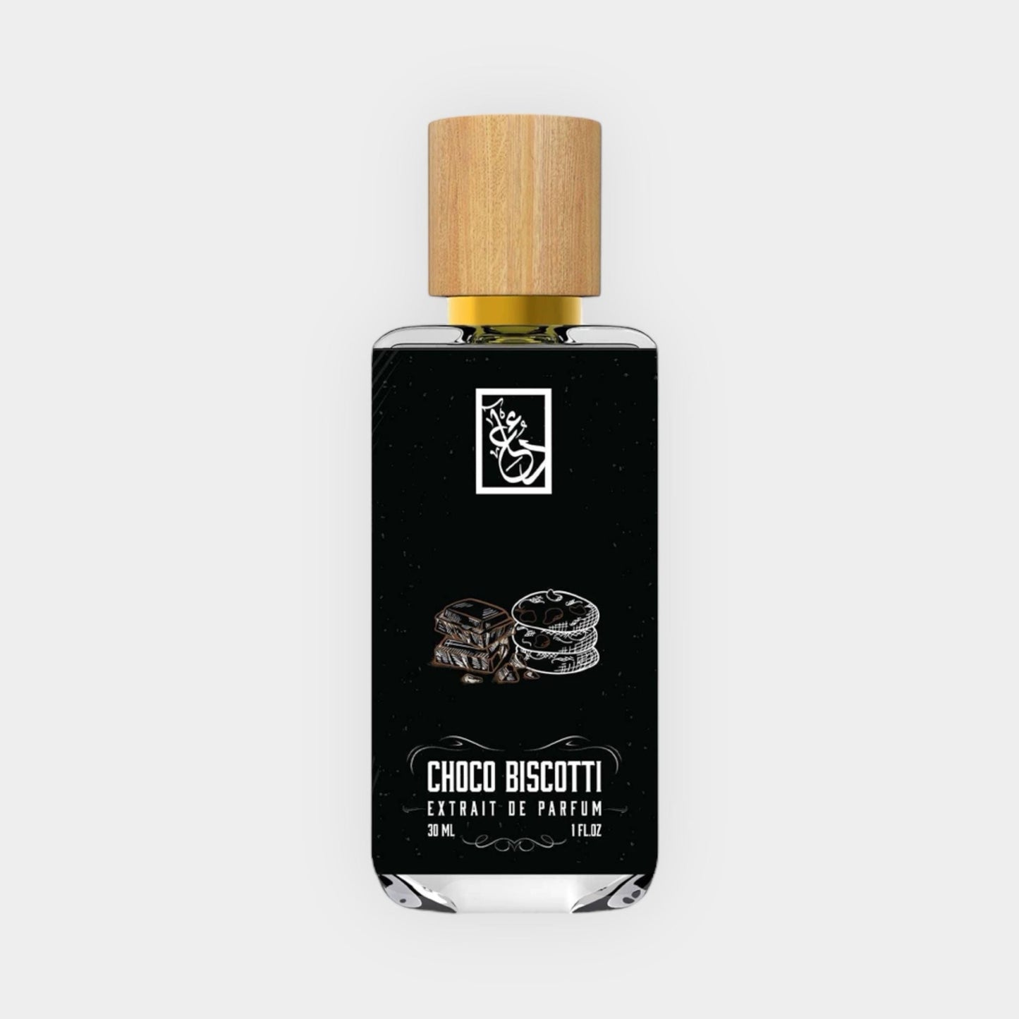 Dua Choco Biscotti Sample, a 30ml fragrance bottle with a sleek black design and wooden cap, featuring illustrations of biscotti. It has a rich chocolate scent profile.