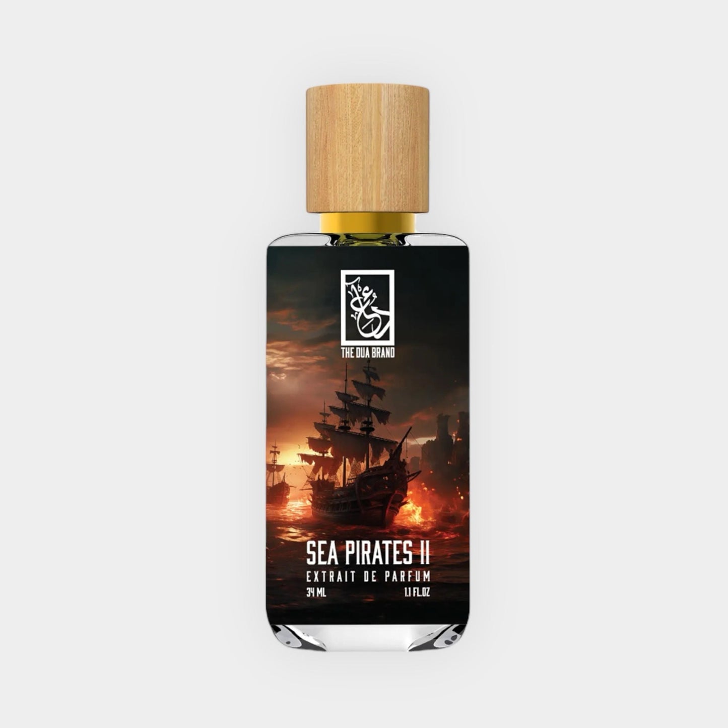 A sleek perfume bottle labeled Dua Sea Pirates II Sample, featuring a ship silhouette against a dramatic seascape background, topped with a wooden cap. The bottle contains 37 mL of the fragrance.