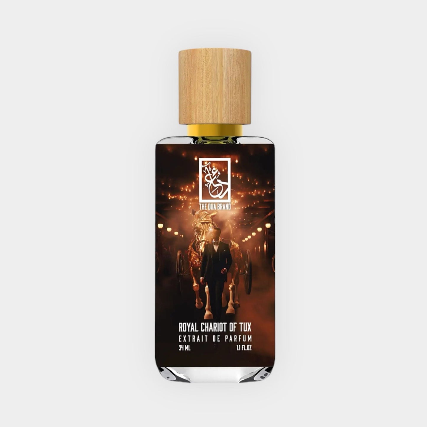 Dua Royal Chariot Of Tux Sample is a luxurious perfume in a sleek bottle featuring a wooden cap, showcasing an elegant design with a dark background and a horse-drawn carriage image.