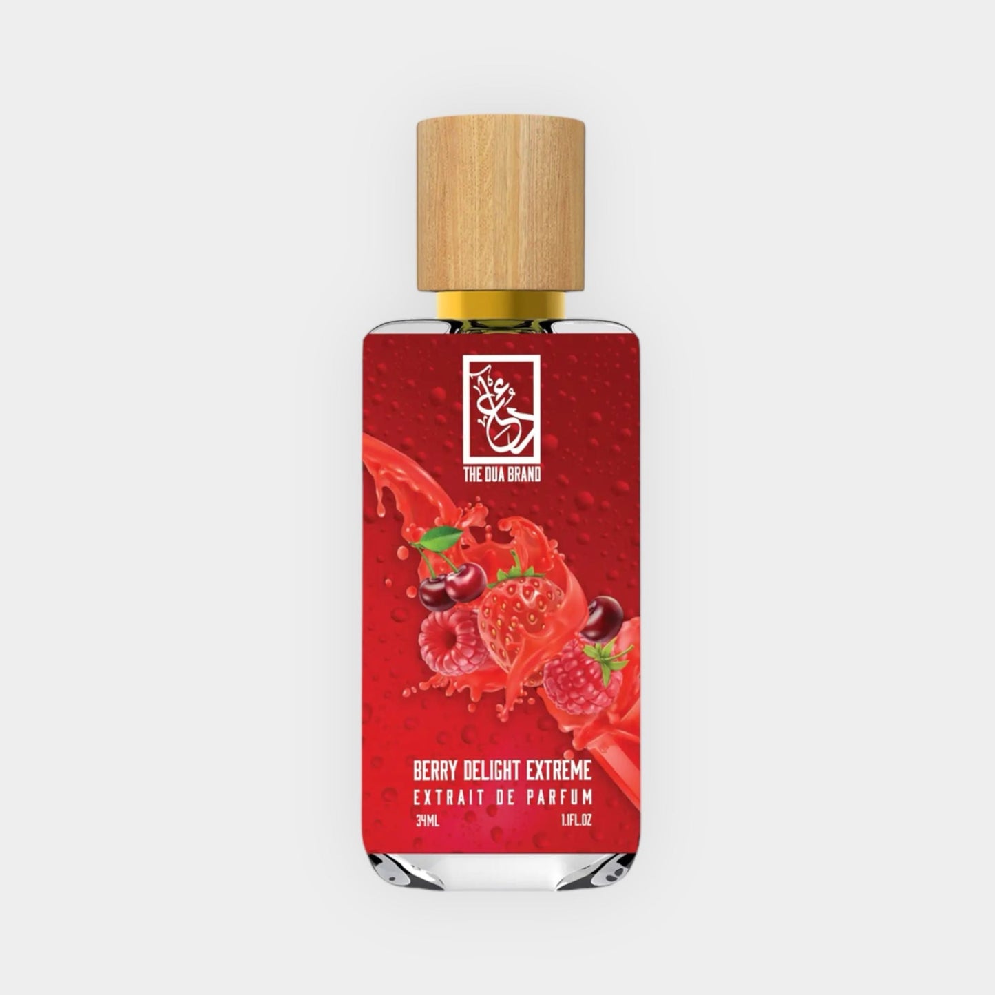A bottle of Dua Berry Delight Extreme Sample, showcasing a vibrant red design with fruit illustrations and a wooden cap, containing 39ml of concentrated perfume extract.