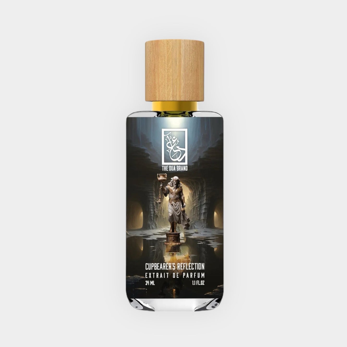 A stylish bottle of Dua Cupbearer's Reflection Sample perfume, featuring a wooden cap and an artistic label depicting a figure in a cave. The bottle holds 7 mL of the fragrance.