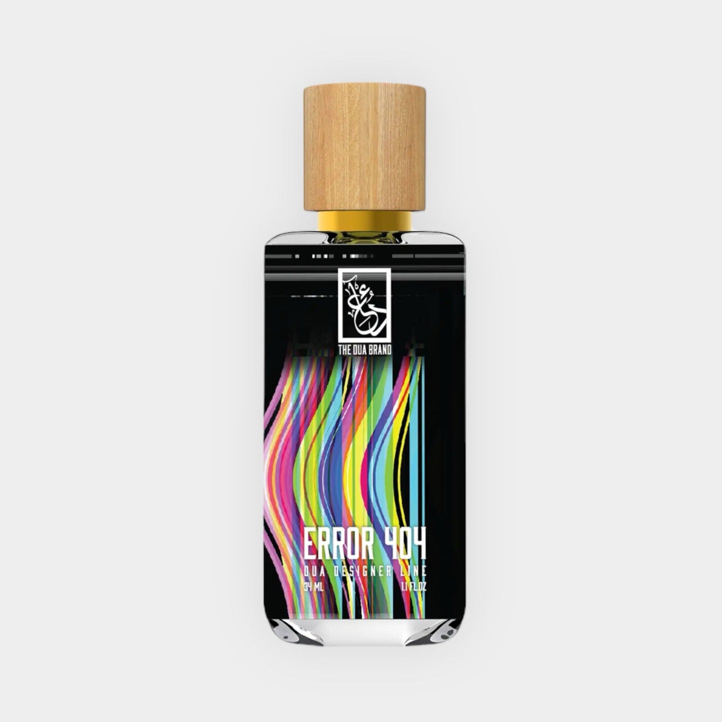 A glass perfume bottle labeled Error 404 from The Dua Brand, featuring a colorful, wavy design and a wooden cap. The fragrance is presented in an elegant, modern style.