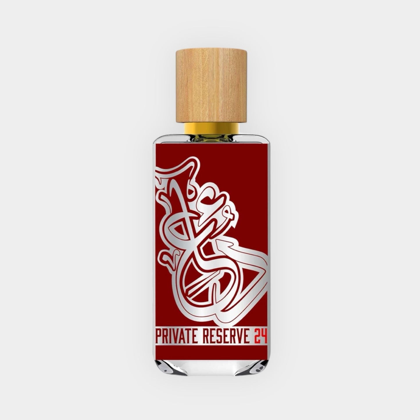 Dua Private Reserve 24 Sample is a sleek, rectangular glass fragrance bottle with a wooden cap, featuring bold red and silver branding on the label.