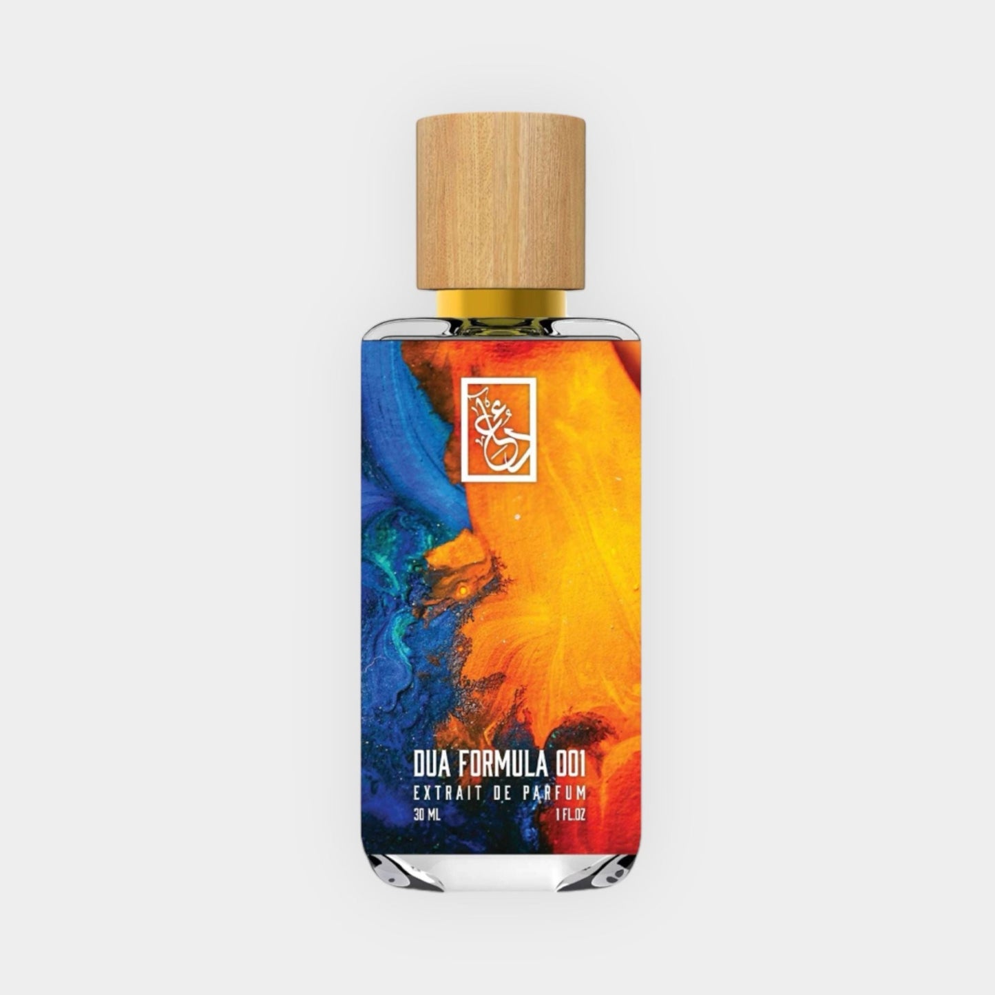 A bottle of Dua Formula 001 Sample, featuring a vibrant, swirling design in orange and blue hues, topped with a wooden cap. The label indicates it is an extrait de parfum with a volume of 30 mL.