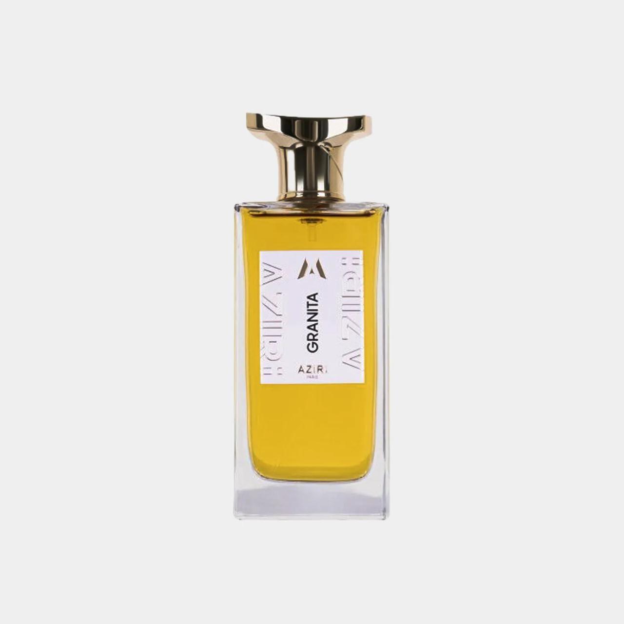 Aziri Paris Granita Sample fragrance in a clear glass bottle with a gold cap, showcasing a bright yellow liquid.
