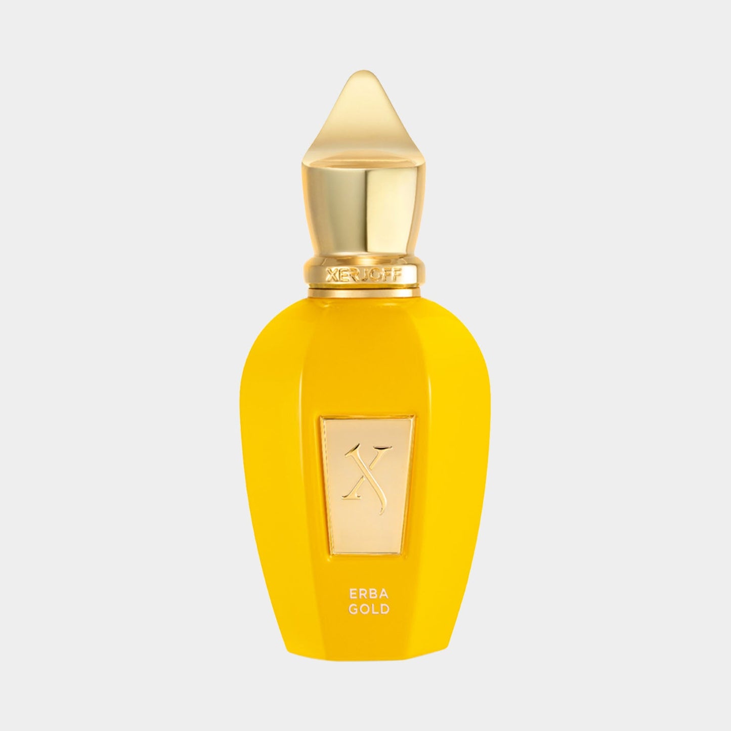 Xerjoff Erba Gold full bottle featuring a vibrant yellow design with a gold cap and a sleek silhouette, perfect for luxurious fragrance enthusiasts.