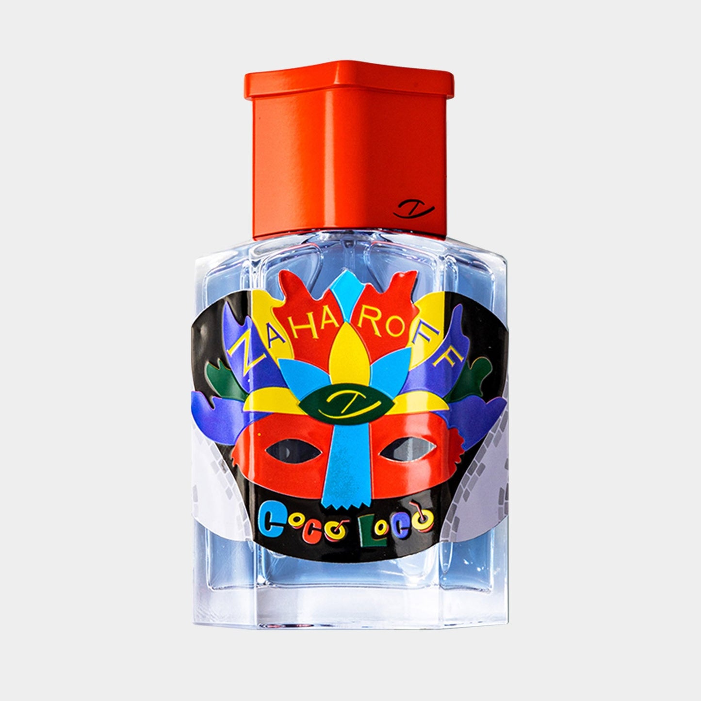 A vibrant bottle of Zaharoff Signature Cocoloco Sample, featuring a colorful mask design and an orange cap, showcasing a playful and artistic aesthetic.