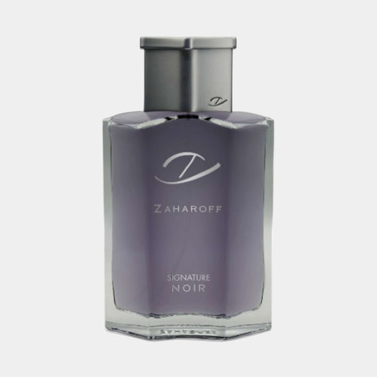 A sleek bottle of Zaharoff Signature Noir Sample, featuring a distinctive angular design and a metallic cap, with the signature logo prominently displayed. The dark purple liquid inside reflects an air of sophistication and elegance.