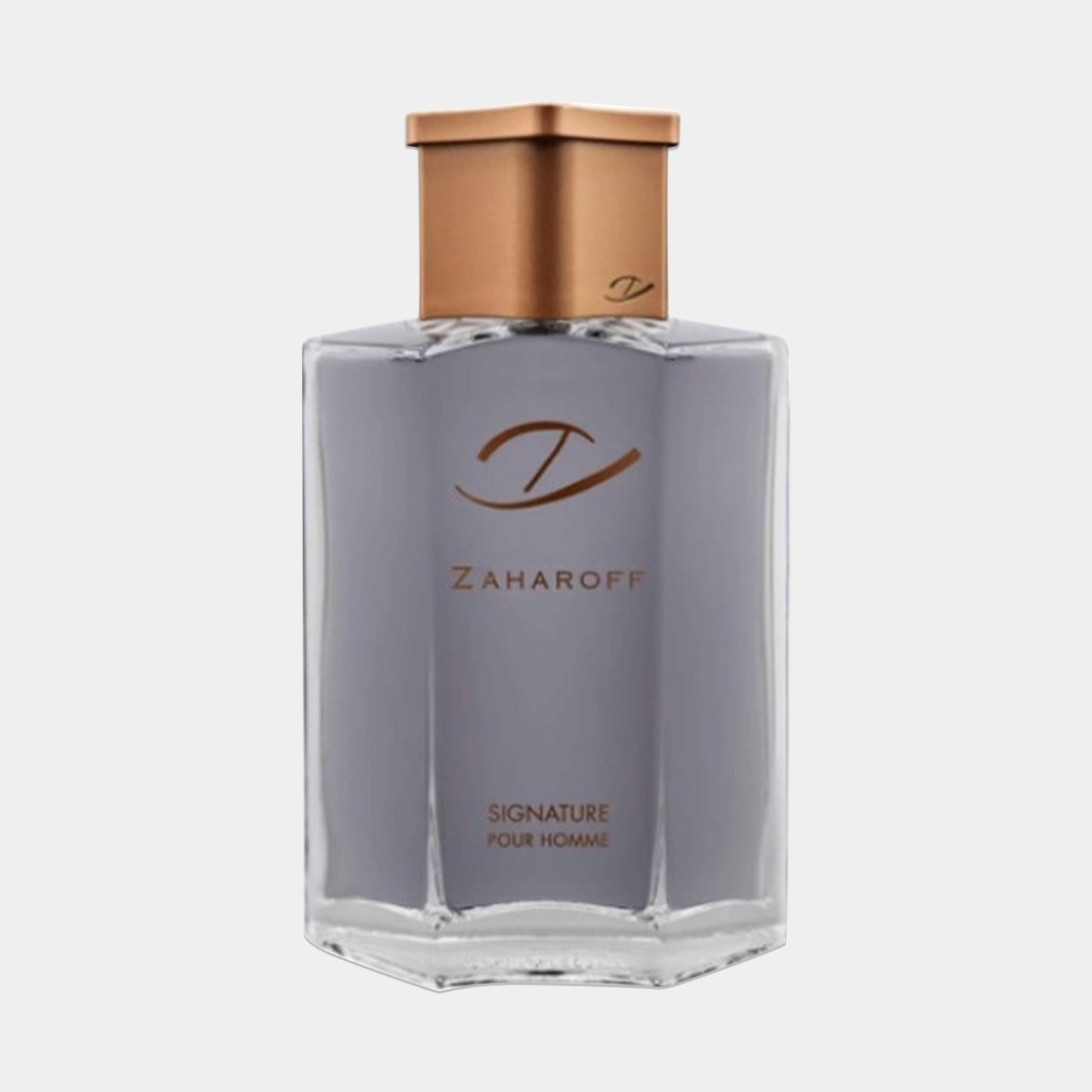A glass bottle of Zaharoff Signature Pour Homme Sample, featuring a sleek design with a gold cap and a subtle gray fragrance. The label prominently displays the Zaharoff logo and product name.