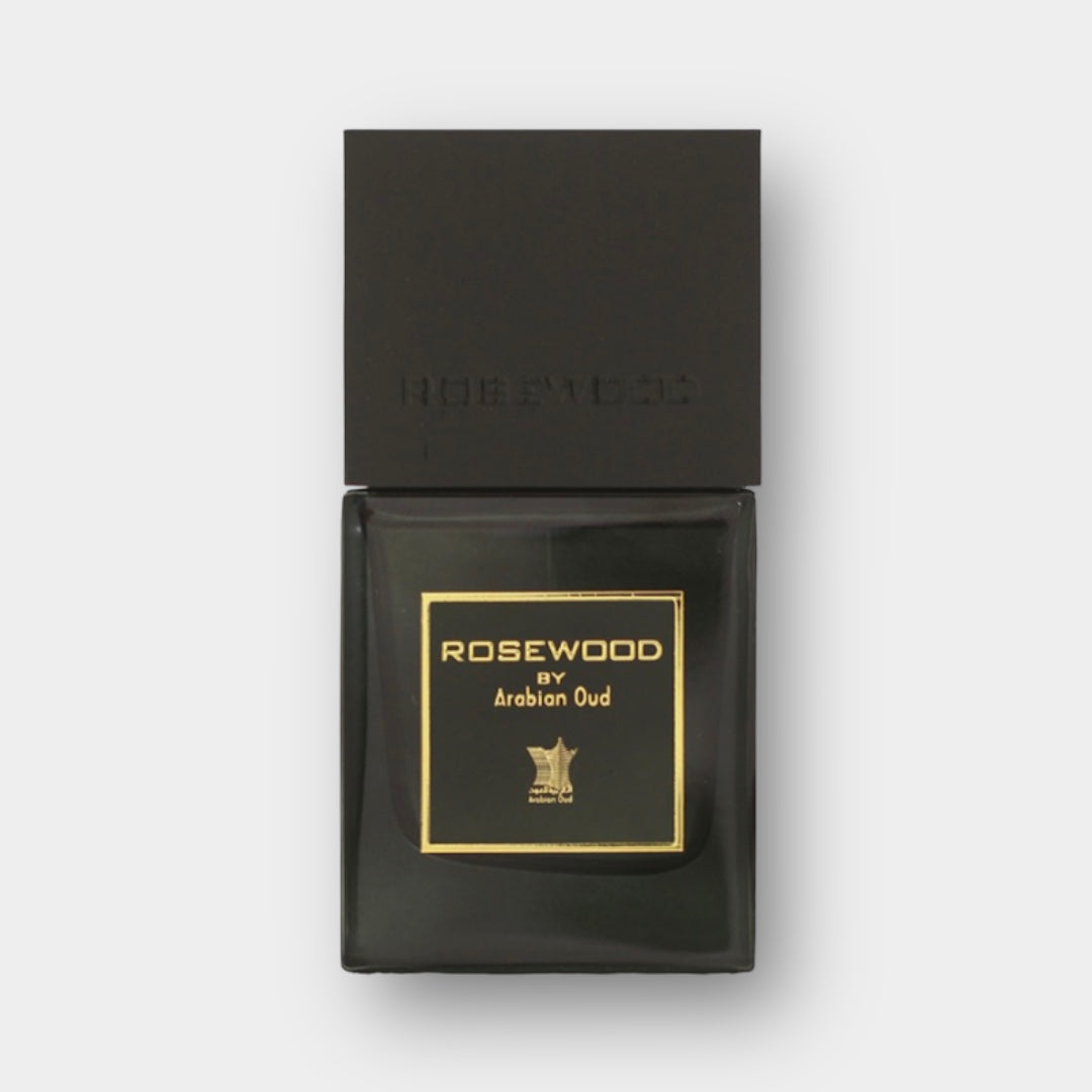 A sleek, black perfume bottle labeled Rosewood by Arabian Oud, featuring a gold accent on the front. The minimalist design emphasizes elegance, suitable for showcasing the luxurious scent inside.