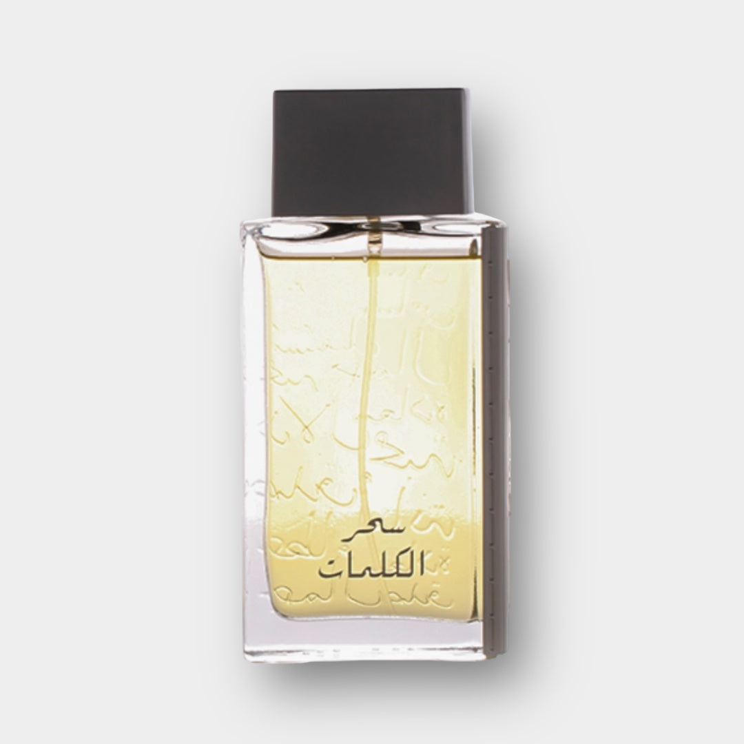 A sleek bottle of Arabian Oud Sehr Kalemat Sample, featuring elegant arabesque lettering on the glass, showcasing a light golden fragrance inside.