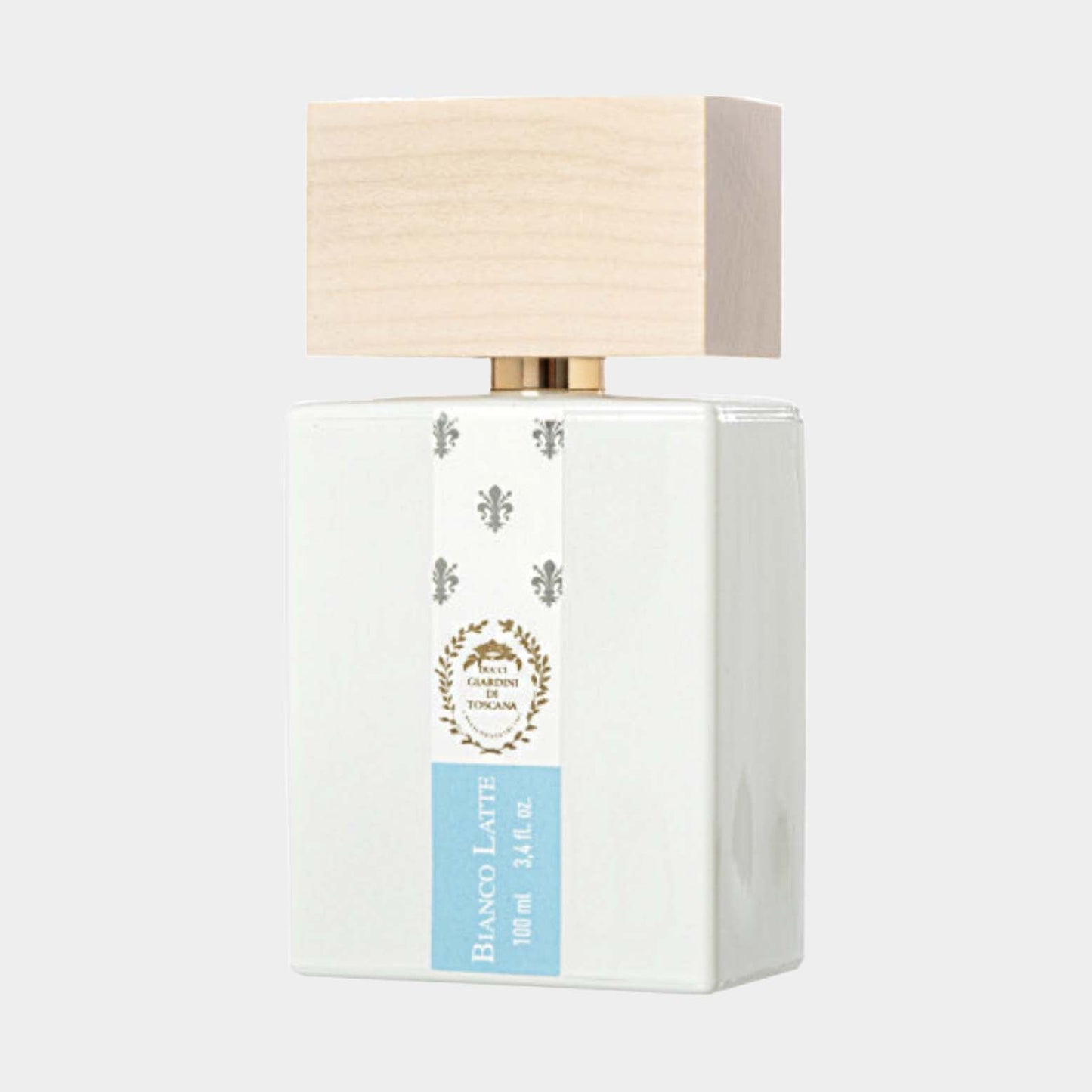 A stylish bottle of Giardini Di Toscana Bianco Latte Sample, featuring a sleek white design with a wooden cap and a blue label, 100 ml in size.