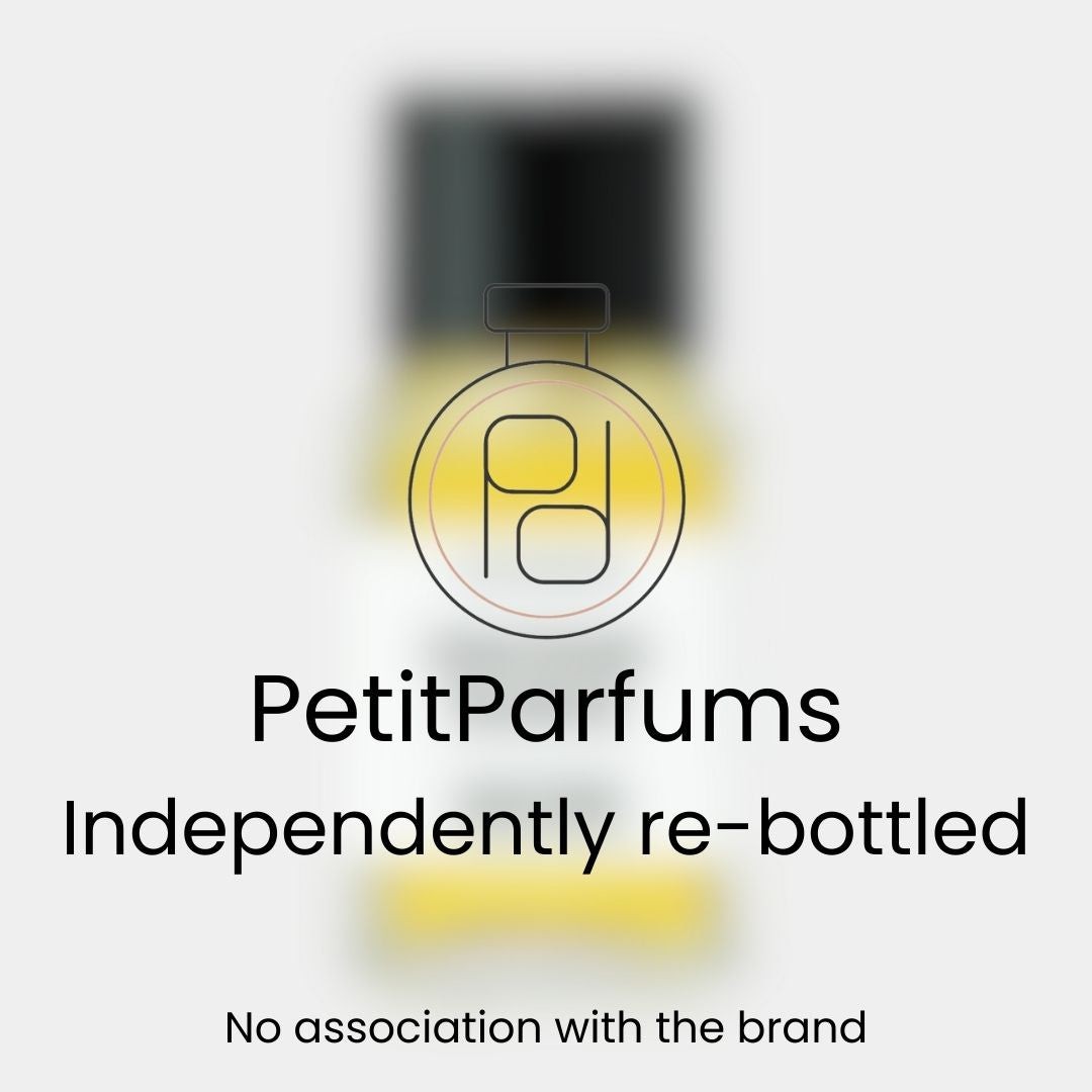 A small sample bottle labeled 'Encens Suave Sample' from PetitParfums, designed as an independently re-bottled fragrance, with a minimalistic background.