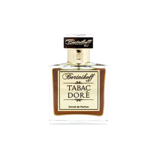 A full bottle of Bortnikoff Tabac Dore, featuring an elegant glass design with a gold label and cap, showcasing its luxurious perfume essence. The fragrance is presented in an exquisite extrait de parfum format.