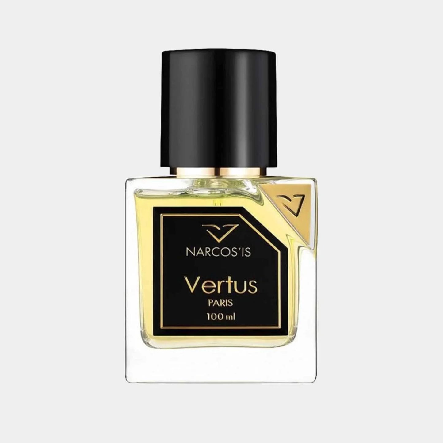 A full bottle of Vertus Narcos'is, featuring a sleek glass design with a black cap and a gold-accented label, containing 100 ml of fragrance.