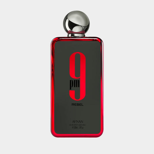 Afnan 9PM Rebel Sample is presented in a sleek, rectangular bottle with a bold black and red design, featuring the name prominently on the front. The cap is round and metallic, adding a touch of elegance to the compact fragrance.