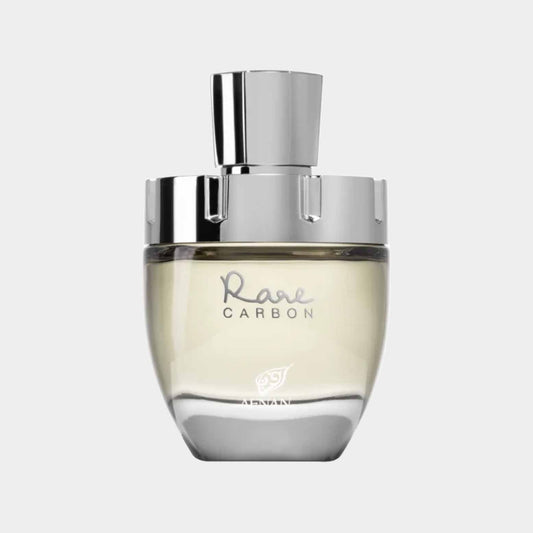 Afnan Perfumes Rare Carbon Sample features a sleek, modern bottle with a silver cap, showcasing a light yellow fragrance. The elegant design embodies sophistication and allure.