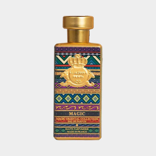 Al-Jazeera Magic Sample is an ornate perfume bottle featuring vibrant, colorful patterns and a golden cap, part of the Magic Oriental Collection. The design reflects a blend of elegance and cultural artistry, encapsulating its luxurious fragrance.