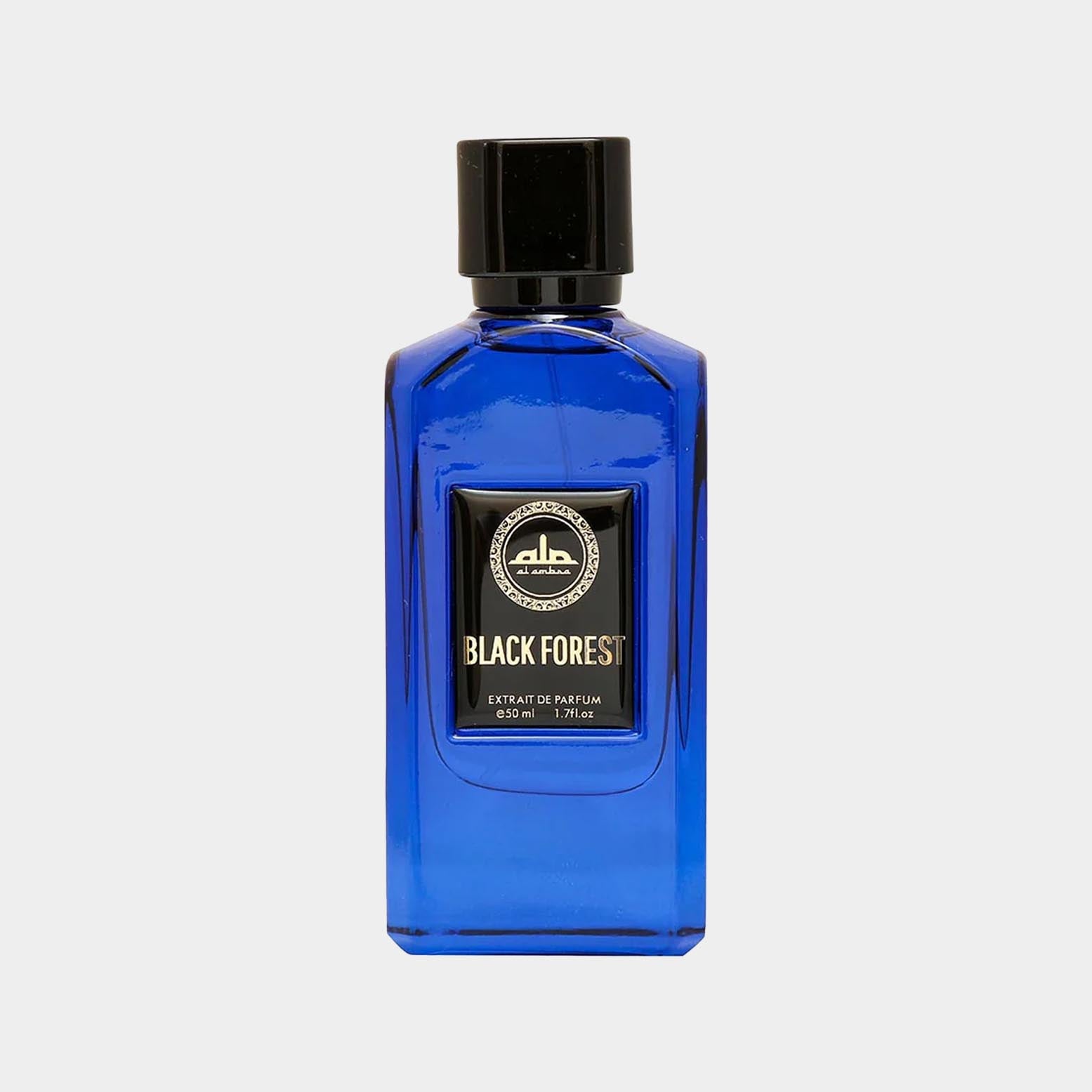 Al Ambra Black Forest Sample is a 50 ml bottle of extrait de parfum with a striking blue design and a sleek black cap, capturing the essence of an enchanting forest. The fragrance promises a captivating aromatic experience.
