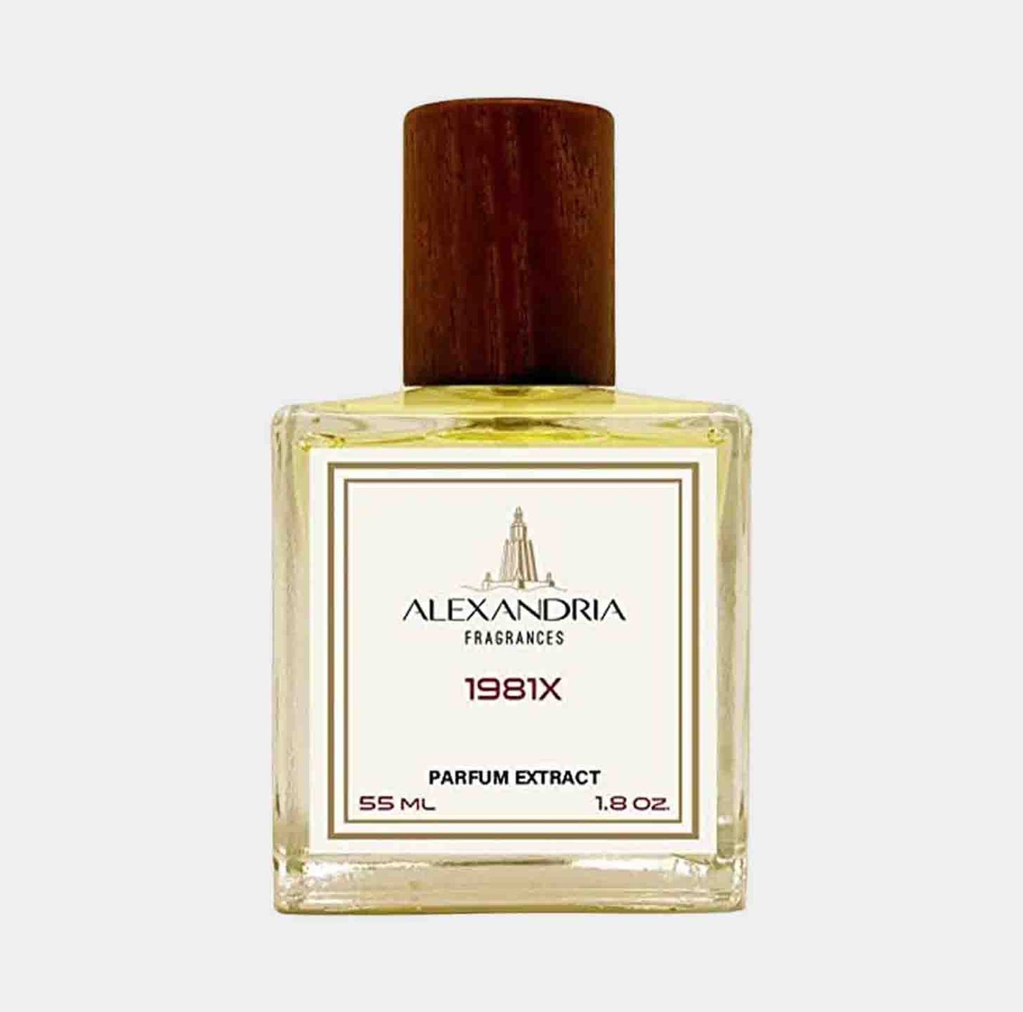 A full bottle of Alexandria Fragrances 1981X, featuring a clear glass design with a wooden cap and a label indicating it is a 55 ml parfum extract.
