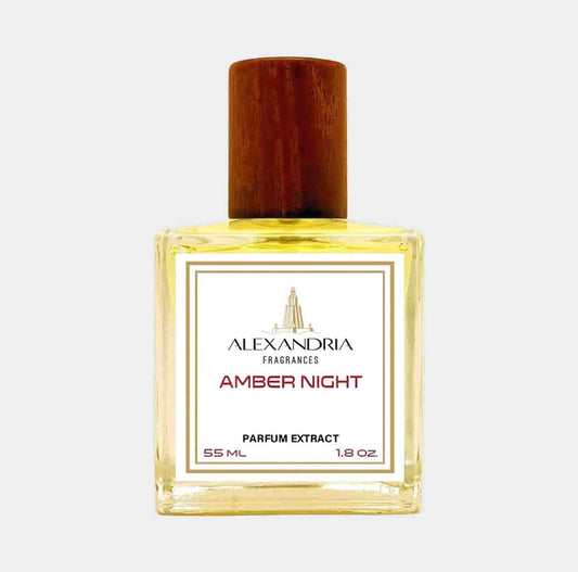 Amber Night sample from Alexandria Fragrances in a 55 mL bottle, featuring a wooden cap and a golden amber liquid. The elegant label prominently displays the fragrance name and brand.
