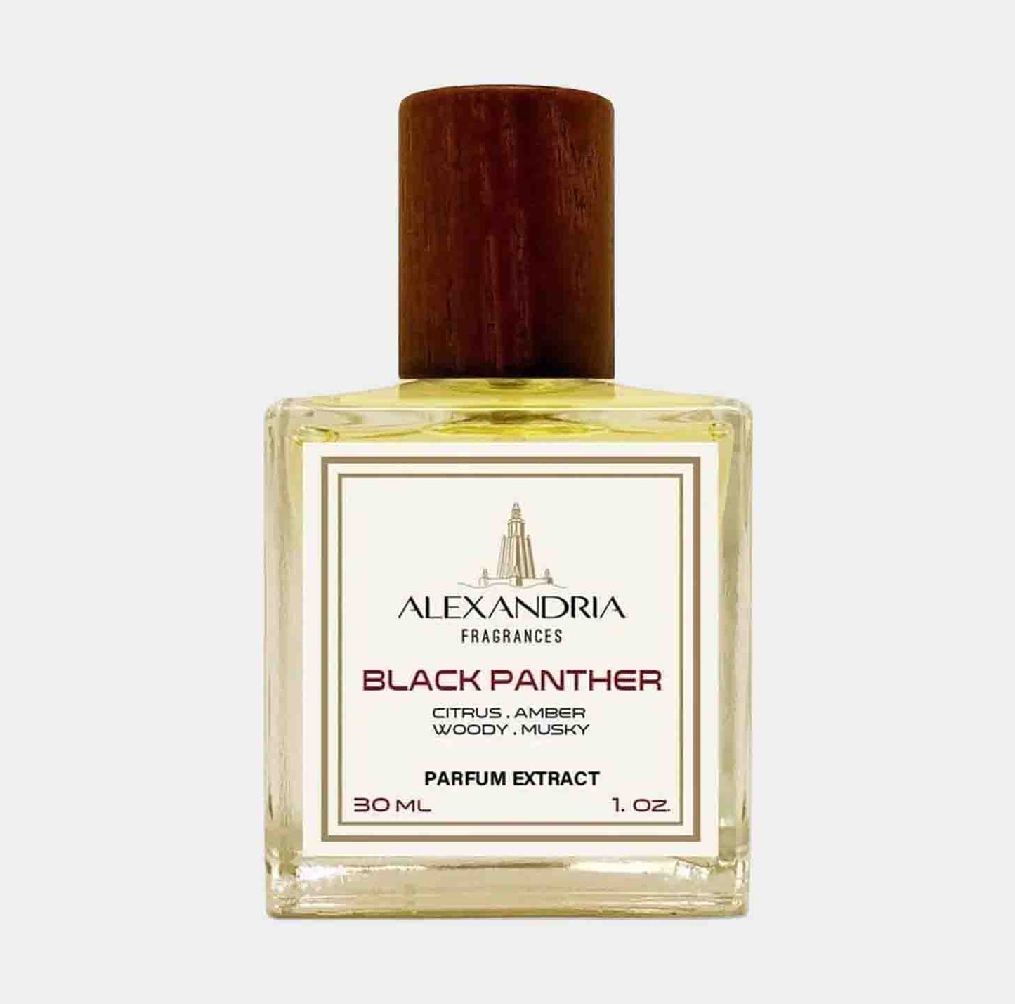 A full bottle of Alexandria Fragrances Black Panther, featuring a sleek glass design with a wooden cap. The label indicates it is a parfum extract with notes of citrus, amber, woody, and musky scents.