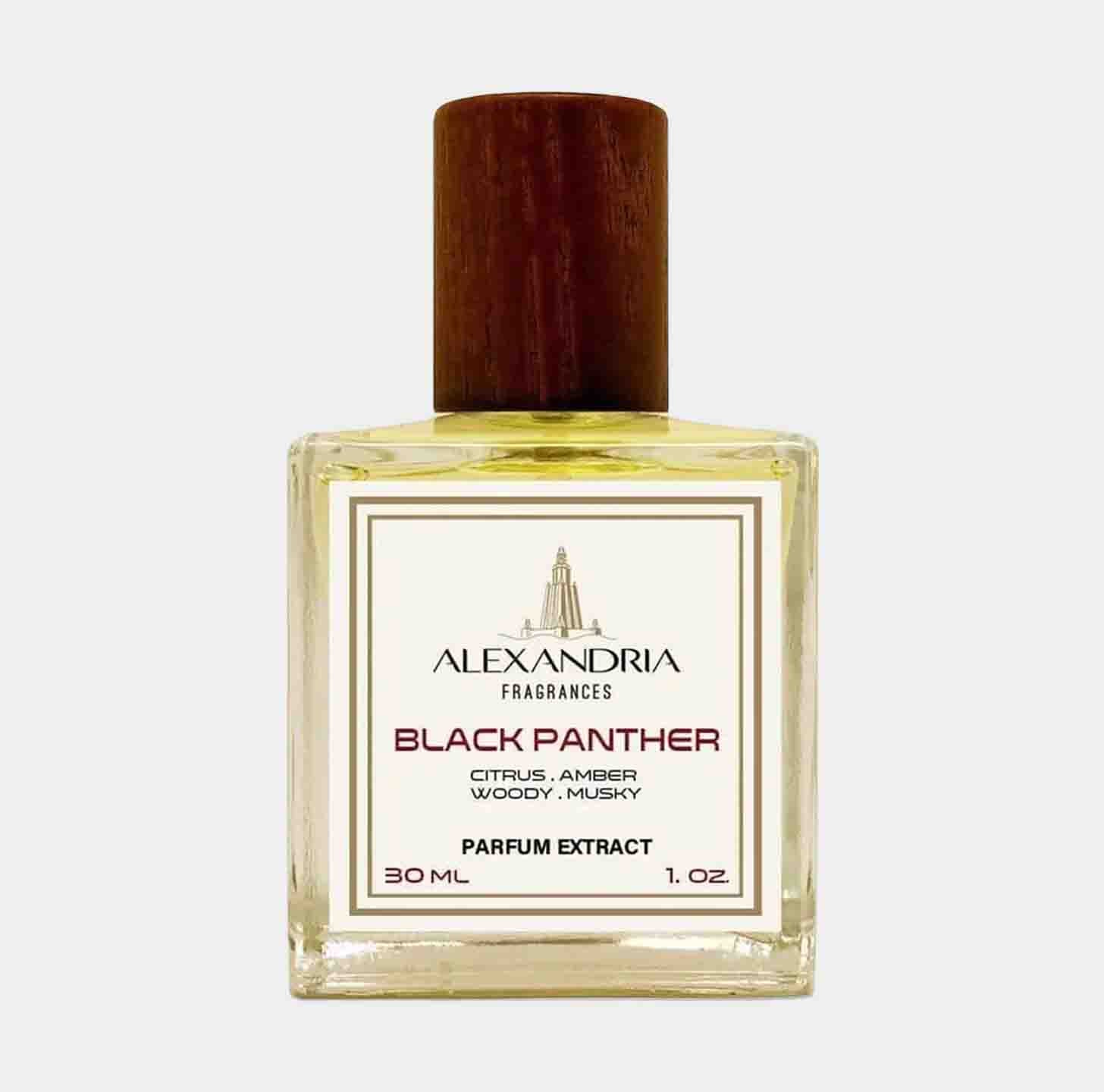 A full bottle of Alexandria Fragrances Black Panther, featuring a sleek glass design with a wooden cap. The label indicates it is a parfum extract with notes of citrus, amber, woody, and musky scents.