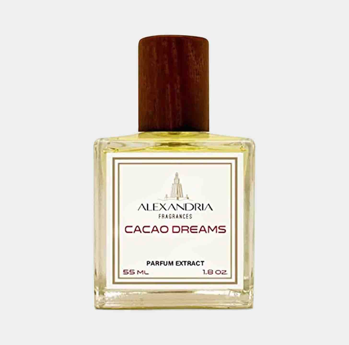 A full bottle of Alexandria Fragrances Cacao Dreams, featuring a clear glass container with a wood-capped lid. The label indicates it's a 55 ml parfum extract.