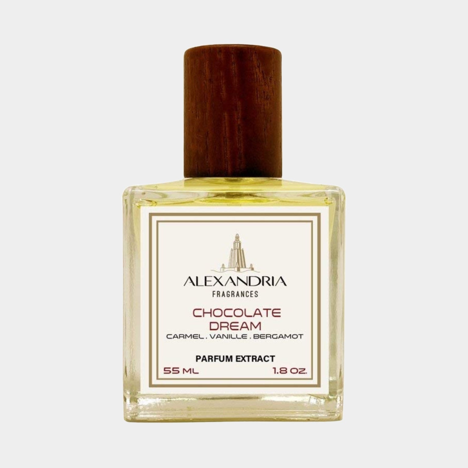 A sleek glass bottle of Alexandria Fragrances Chocolate Dreams Sample, featuring a wooden cap. The label indicates a captivating blend of caramel, vanilla, and bergamot in a 55 mL parfum extract.