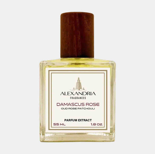 Alexandria Fragrances Damascus Rose Sample, a 55 ml parfum extract featuring a blend of oud, rose, and patchouli in an elegant glass bottle with a wooden cap.
