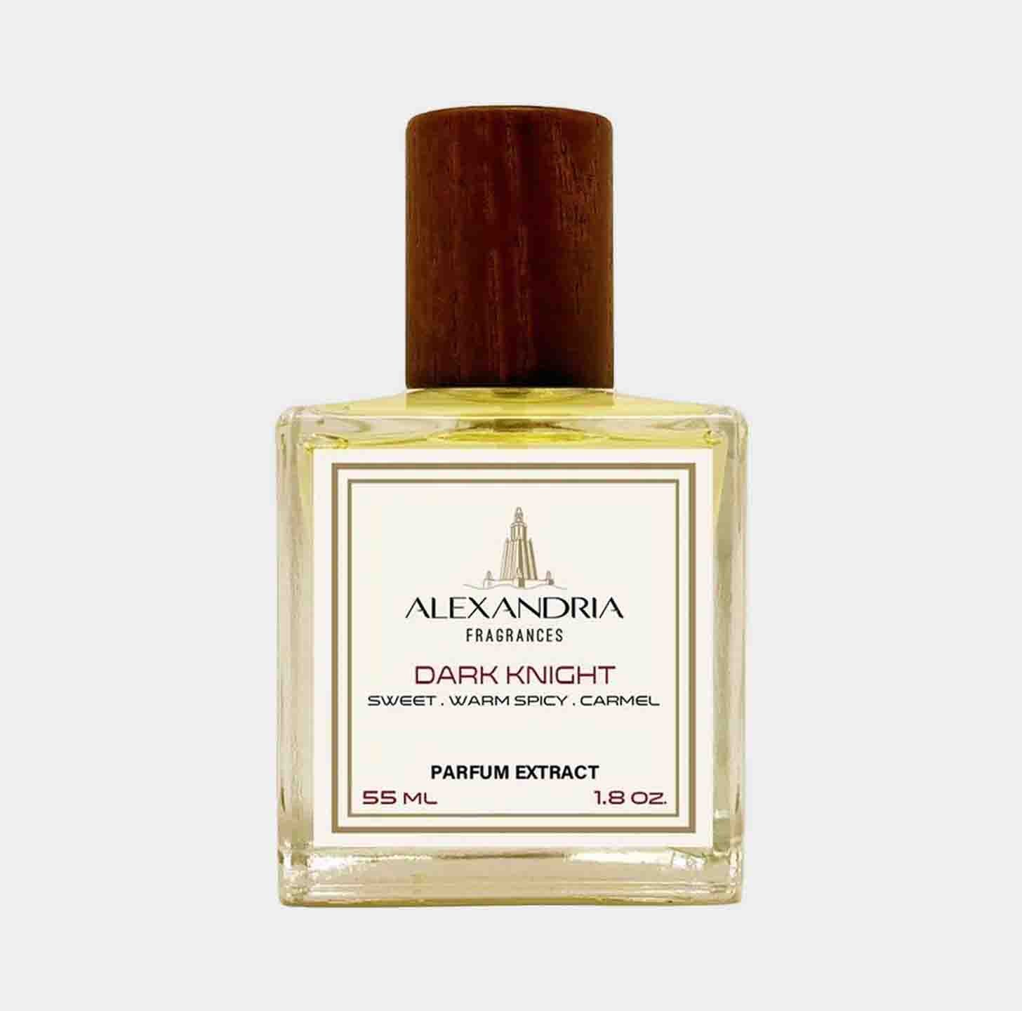 A glass bottle of Alexandria Fragrances Dark Knight Sample, featuring a wooden cap and a label that notes its scent profile as sweet, warm, spicy, and caramel. The bottle holds 55 ml of parfum extract.