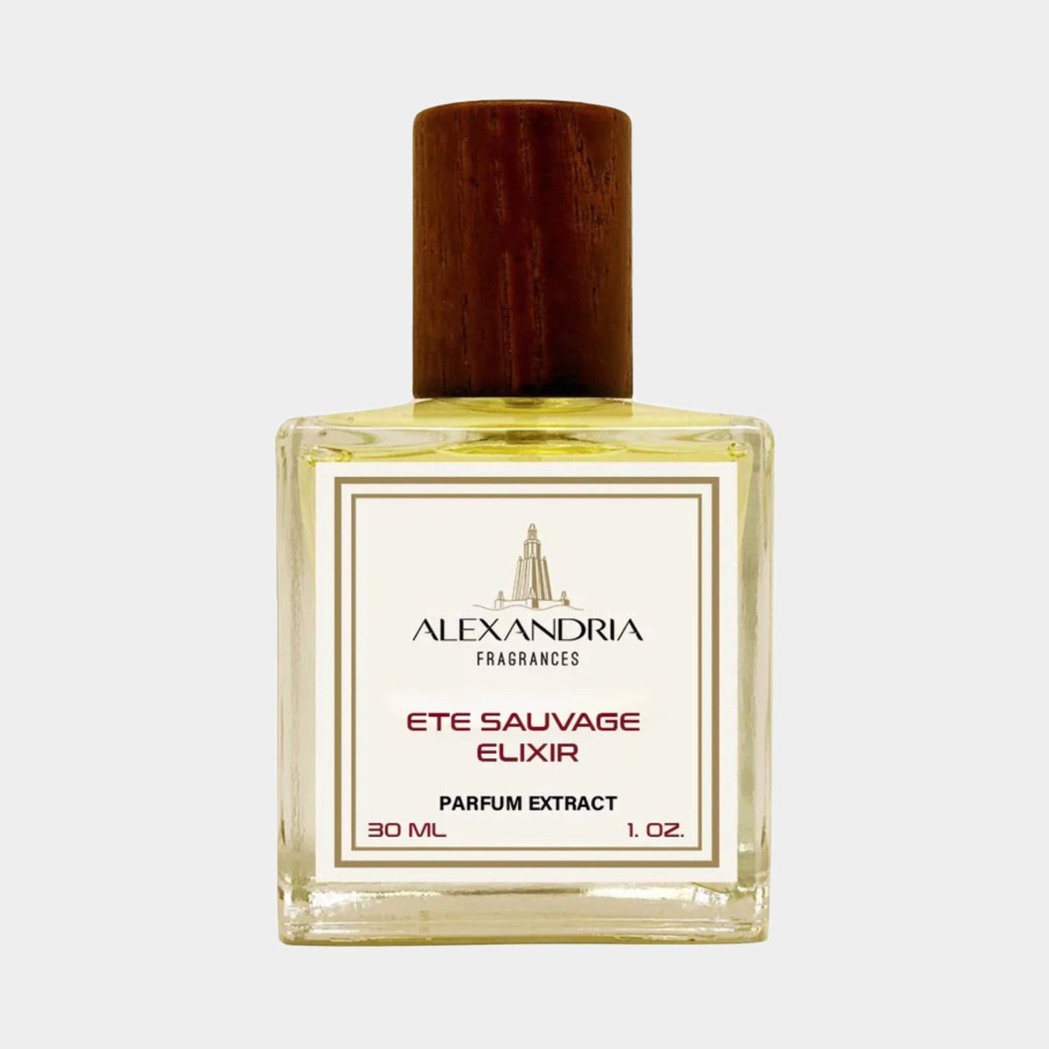 A full bottle of Alexandria Fragrances Ete Sauvage Elixir, featuring a clear glass design with a wooden cap, containing 30 mL of luxurious parfum extract.