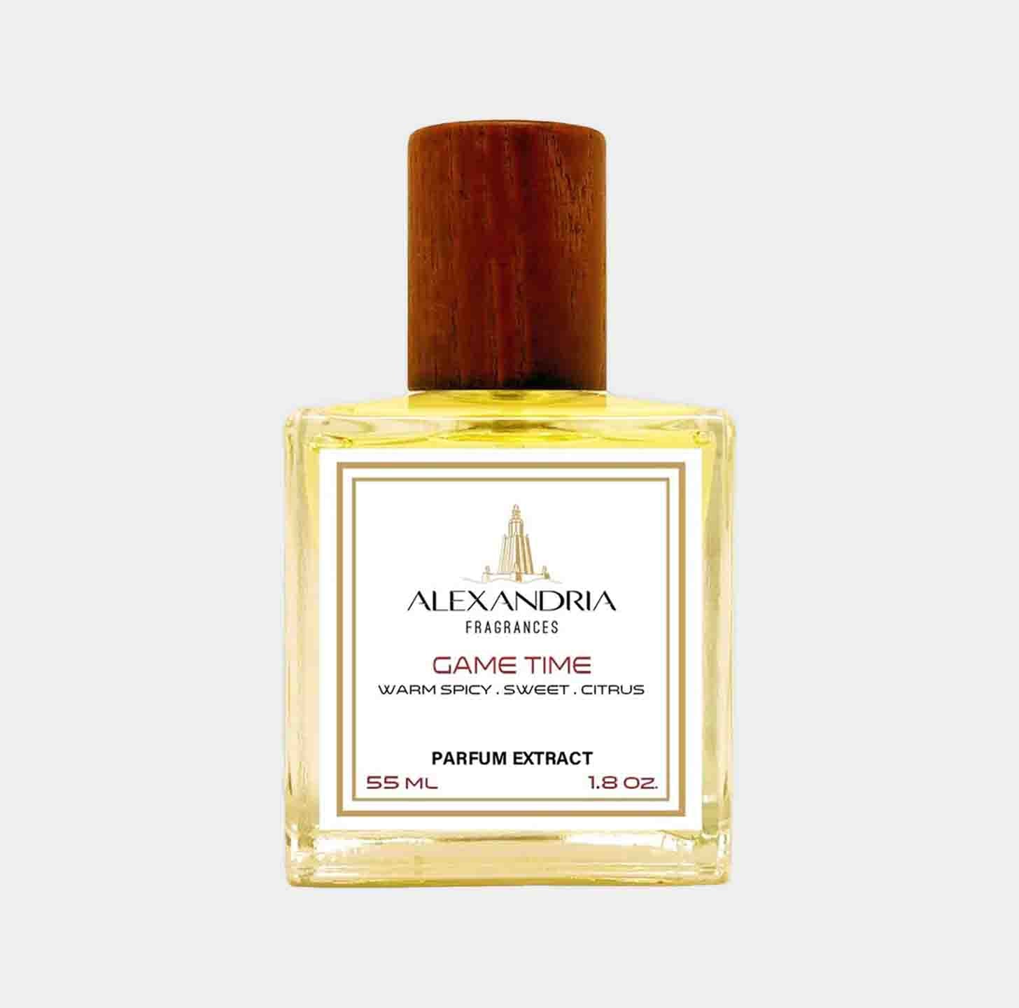 Alexandria Fragrances Game Time Sample, a 55 ml parfum extract with notes of warm spices, sweetness, and citrus, presented in an elegant glass bottle with a wooden cap.